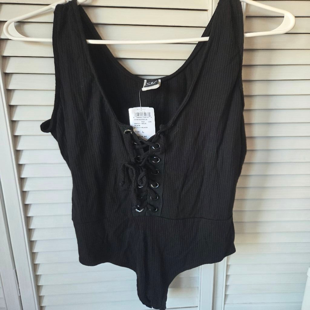 Women's Windsor Black Ribbed Lace-Up Bodysuit L